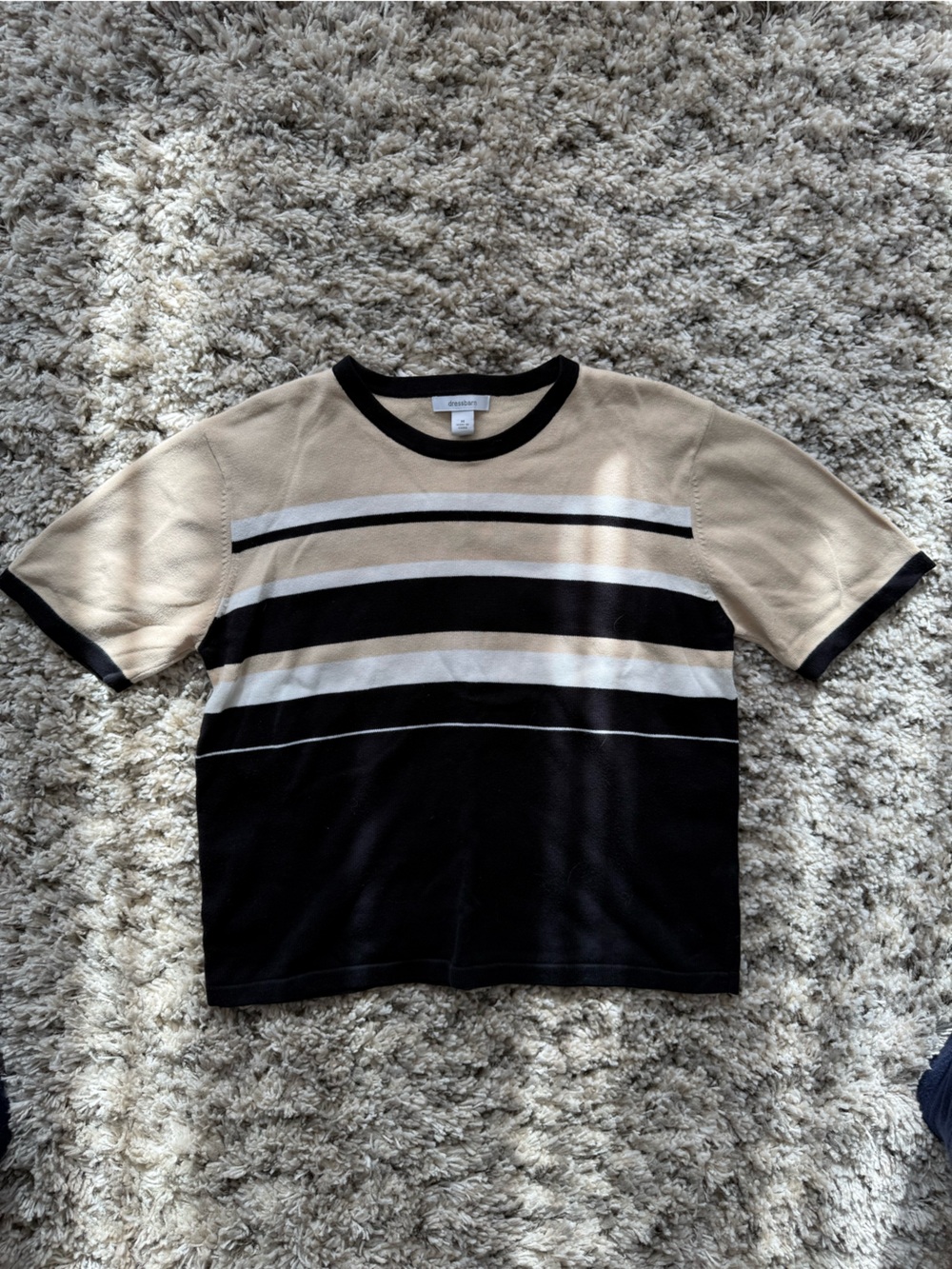 dressbarn Black and Beige Striped Short Sleeve Top